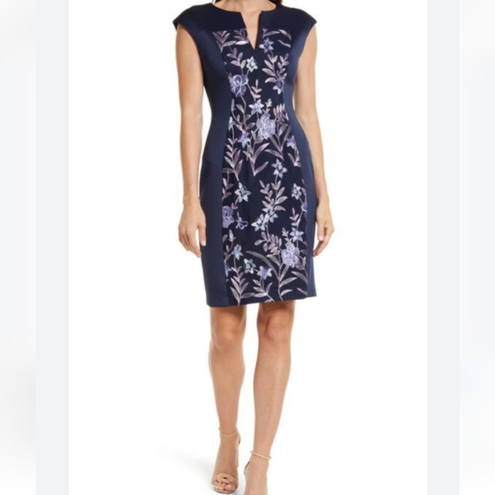 COPY - CONNECTED APPAREL Size(10) Navy blue , Embroidered Panel Sheath Dress in…